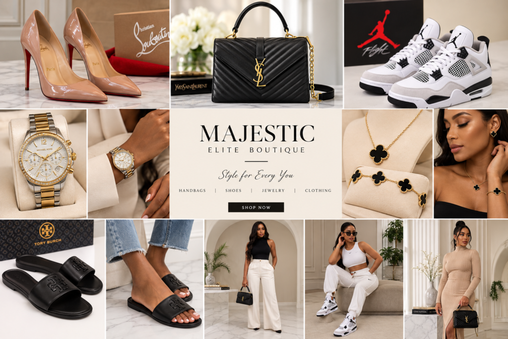 Majestic Elite Boutique style moodboard with coordinated outfits and accessories.