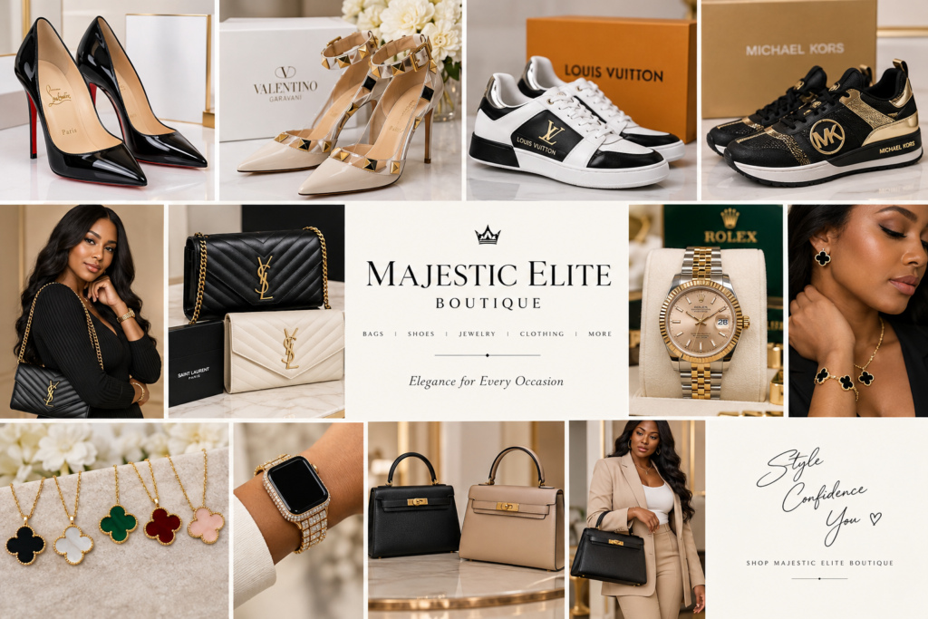 Majestic Elite Boutique lookbook with fashion accessories and styled outfits.