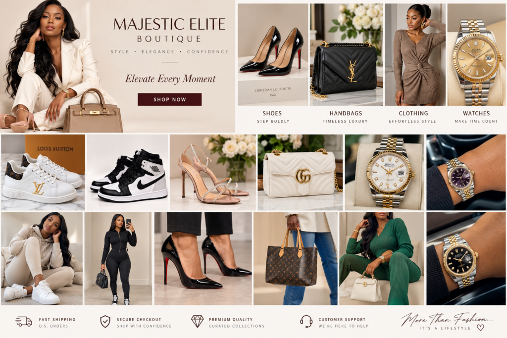 Majestic Elite Boutique fashion lookbook featuring coordinated accessories and styled looks.