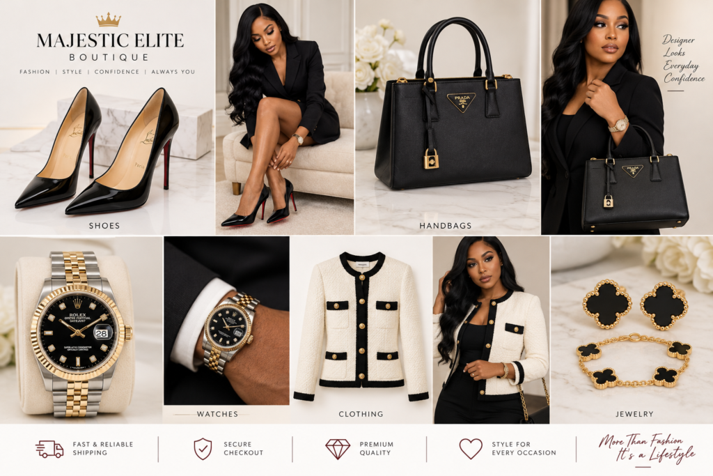Majestic Elite Boutique lookbook of accessories and coordinated fashion looks.