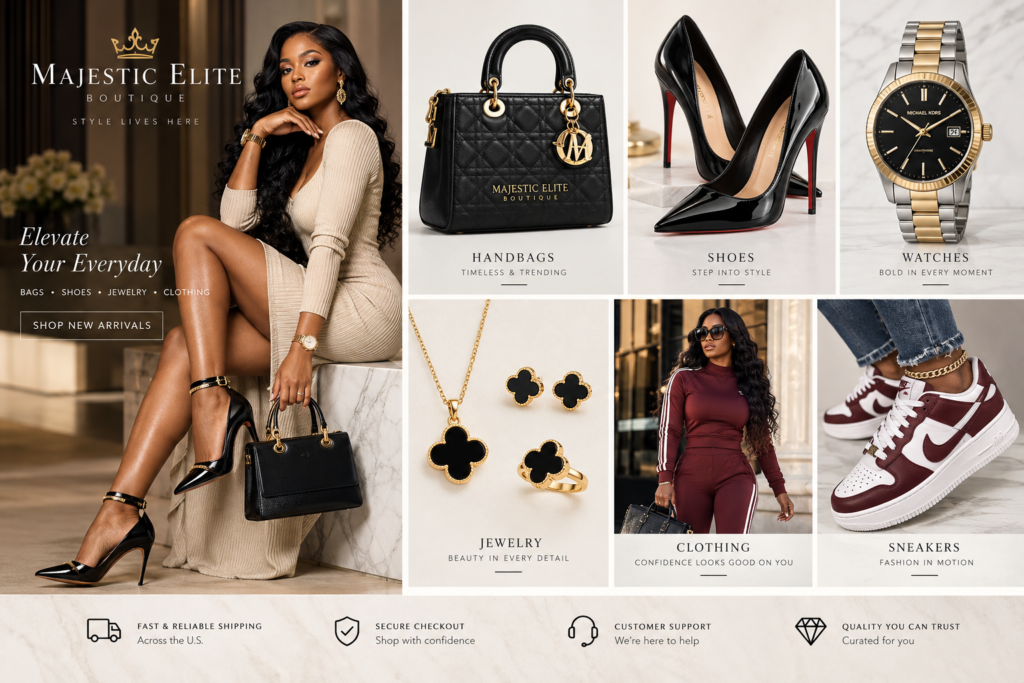 Majestic Elite Boutique fashion showcase with styled looks and accessories.