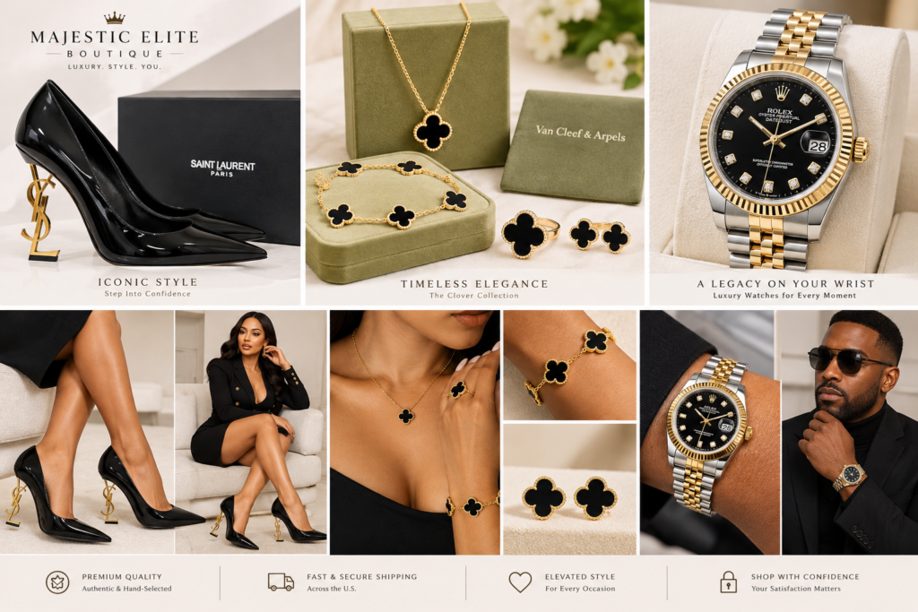 Majestic Elite lookbook with coordinated shoes, bags, jewelry and watches.